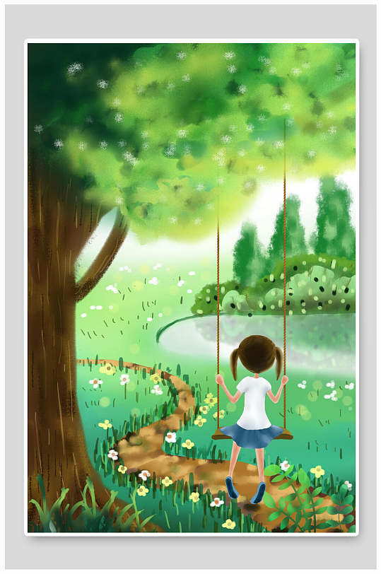 清新水彩绿色荡秋千大暑二十四节气插画素材