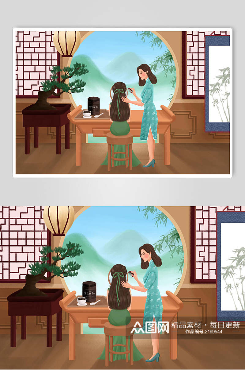 中式化妆旧上海女性插画素材素材