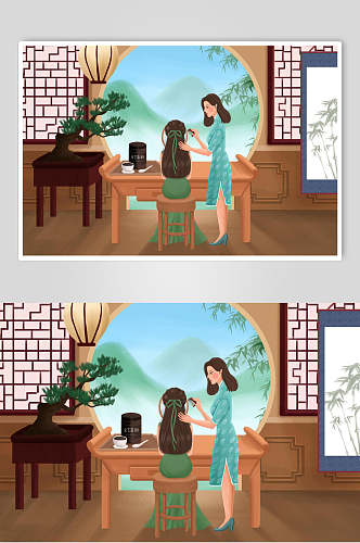 中式化妆旧上海女性插画素材