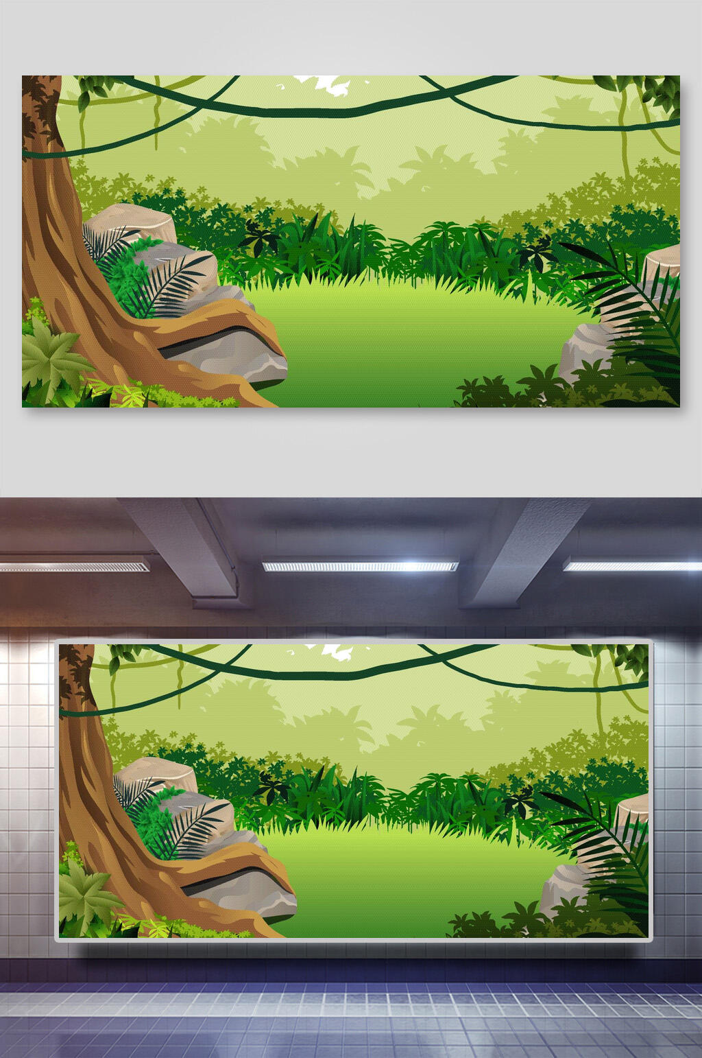 清新绿色森系丛林山谷草原场景矢量插画素材素材