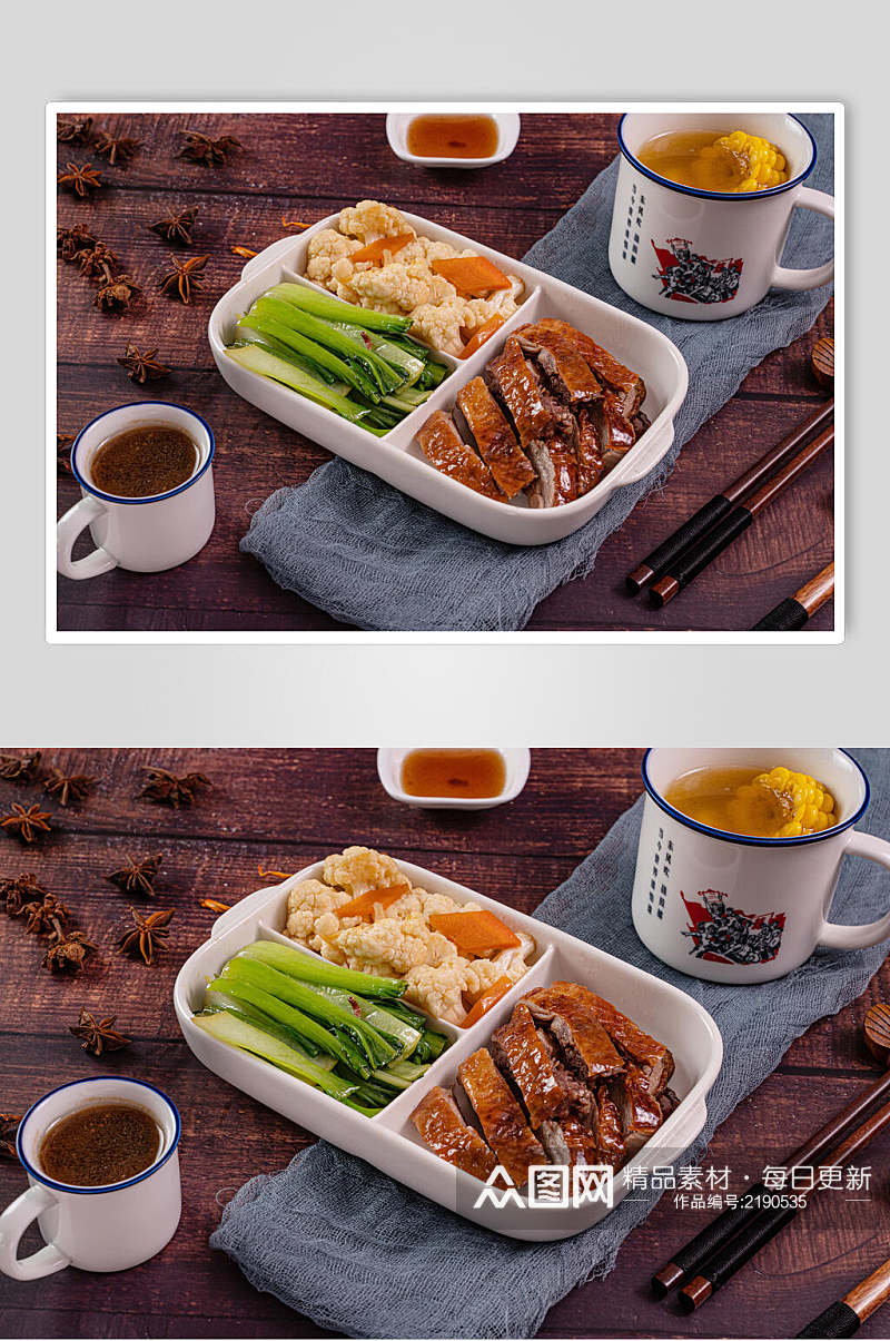 营养烧鸭米饭套餐摄影图片素材