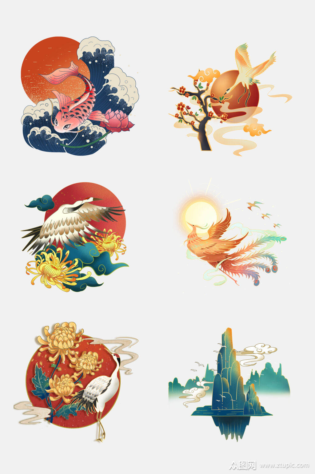 唯美国潮风中国风山水仙鹤免抠元素素材