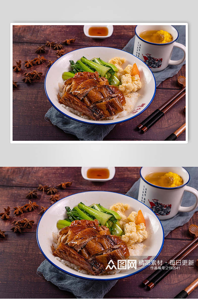 特色美味烧鸭米饭套餐摄影图片素材