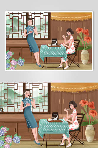 中式魅力旧上海女性插画素材