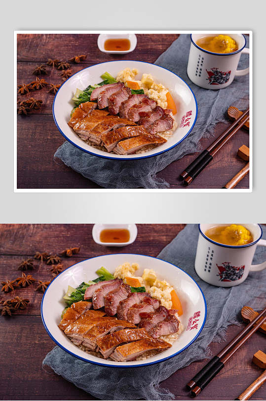 烧鸭米饭套餐摄影图片