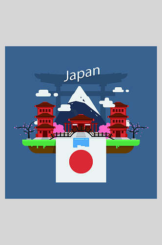 蓝色日本旅游景点风光矢量插画素材