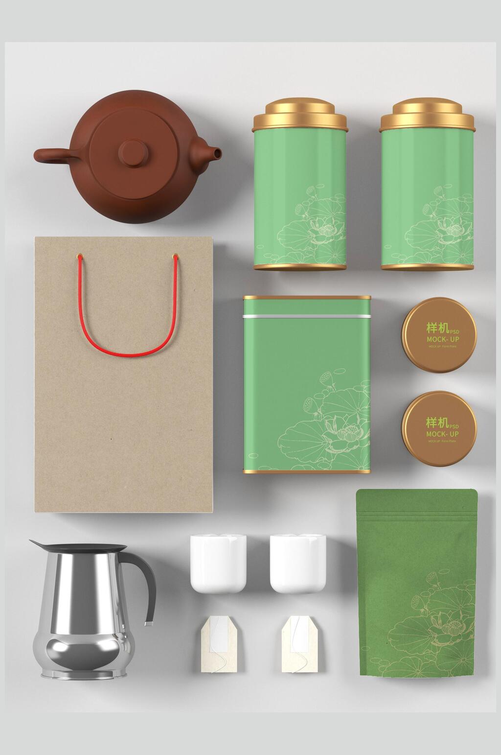 极简绿色茶叶茶具整套VI样机效果图素材