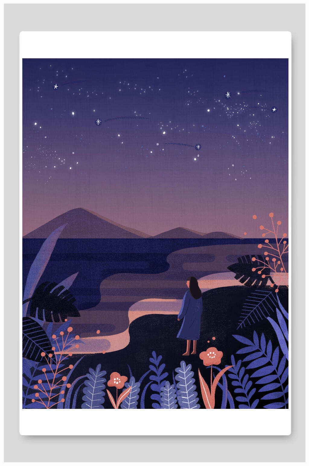 蓝色植物晚夜晚安睡眠日插画背景素材素材