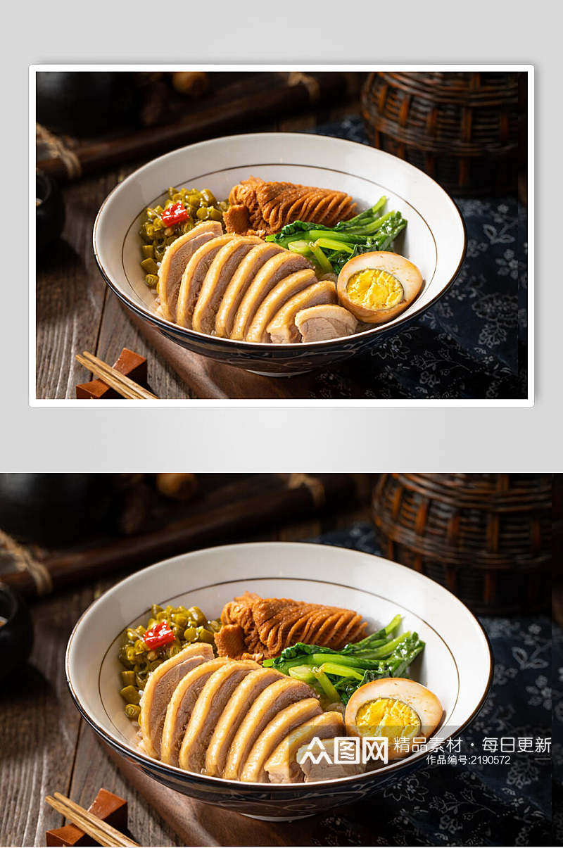 卤蛋午餐肉米饭套餐摄影图片素材