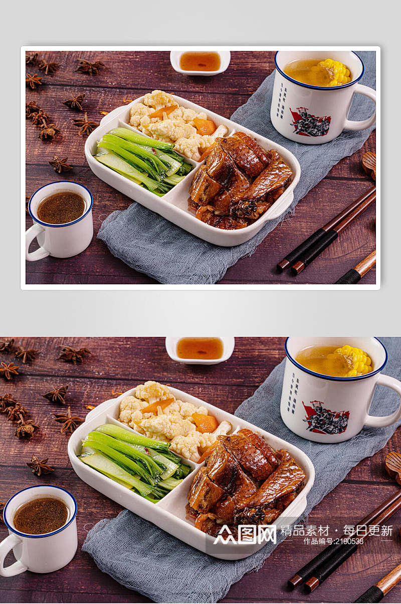 招牌美味烧鸭米饭套餐摄影图片素材