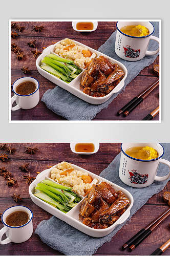 招牌美味烧鸭米饭套餐摄影图片