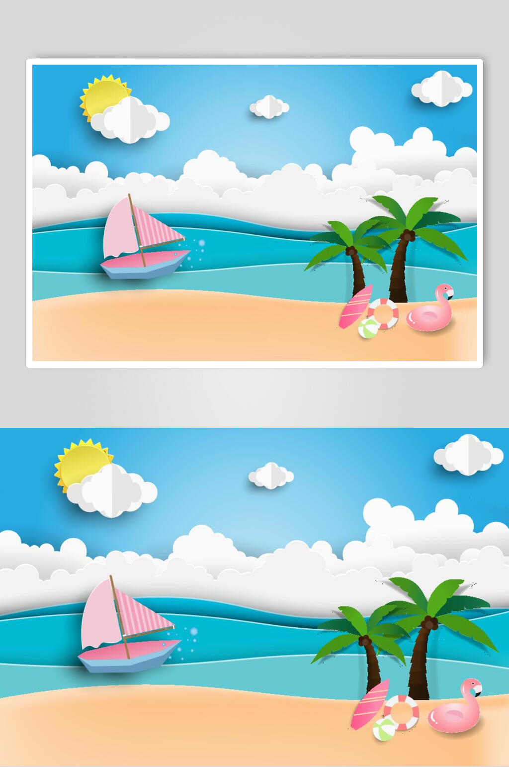 清新海洋风夏季海滩插画素材素材