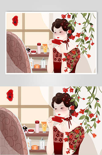 精致美妆旧上海女性插画素材