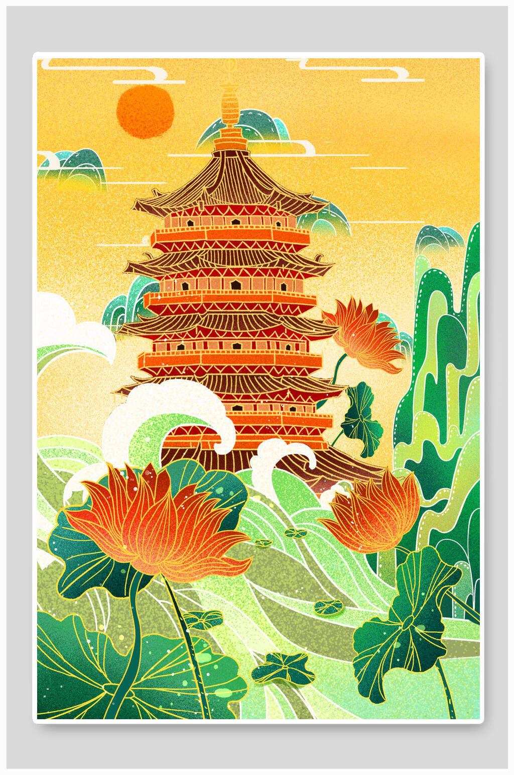 鎏金唯美国潮风城市建筑插画素材素材