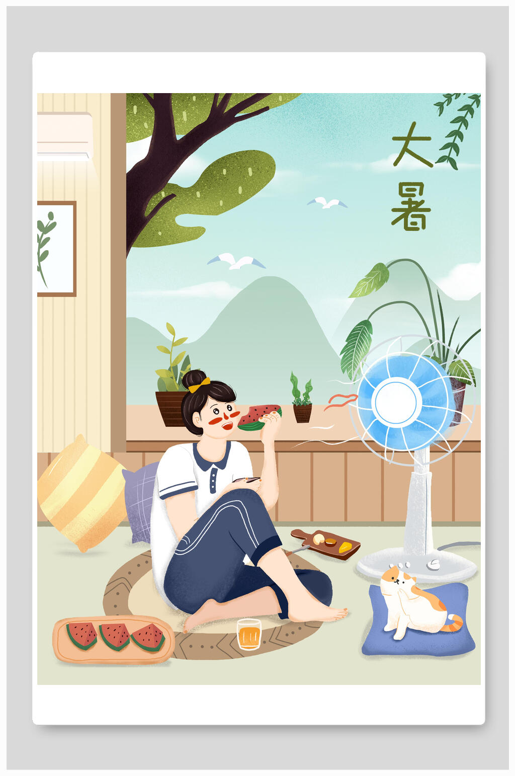 清新吹风扇吃西瓜大暑传统节气插画素材素材
