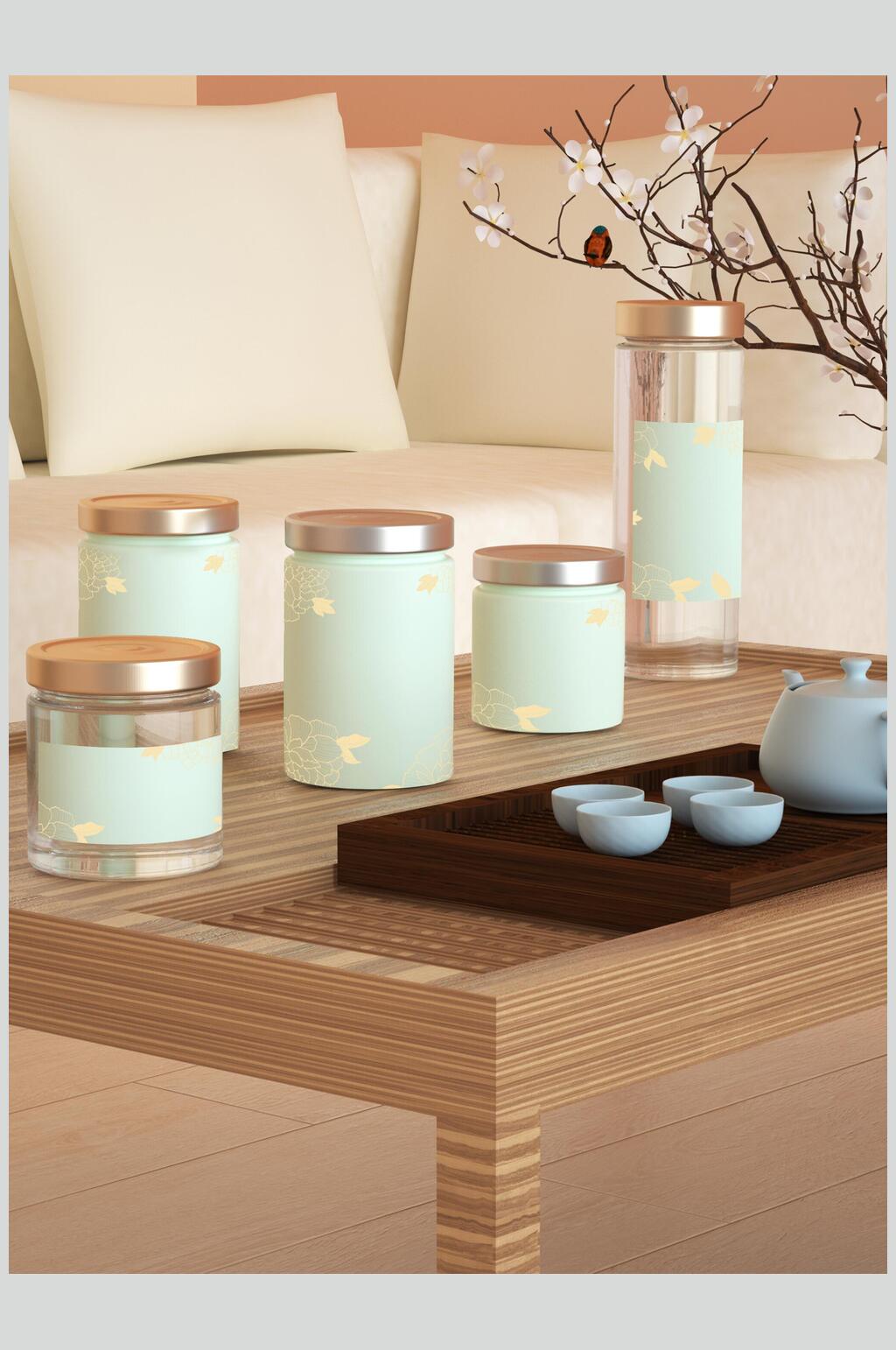 清新唯美茶叶茶具整套VI样机效果图素材