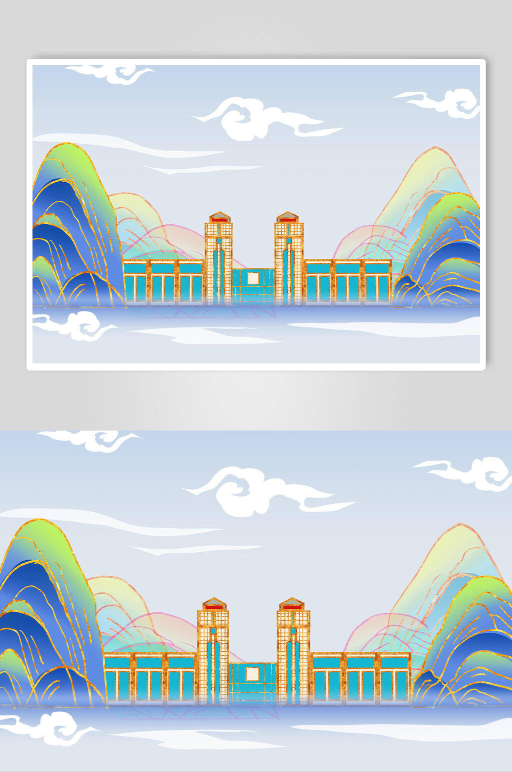 高端鎏金国潮风城市建筑山水插画素材素材