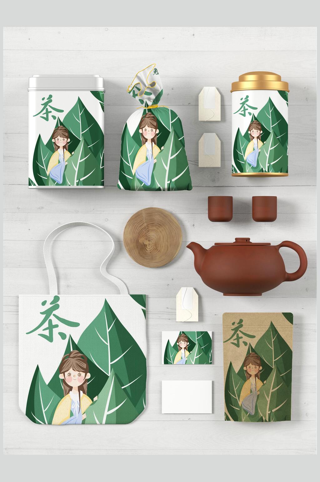 绿色卡通茶叶茶具整套VI样机效果图素材