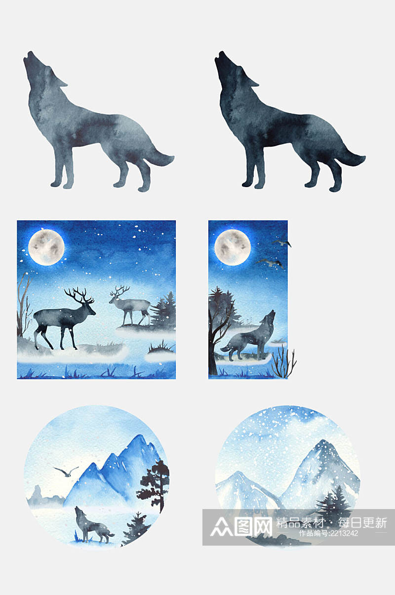 蓝色水彩手绘冬季景观动物免抠元素素材