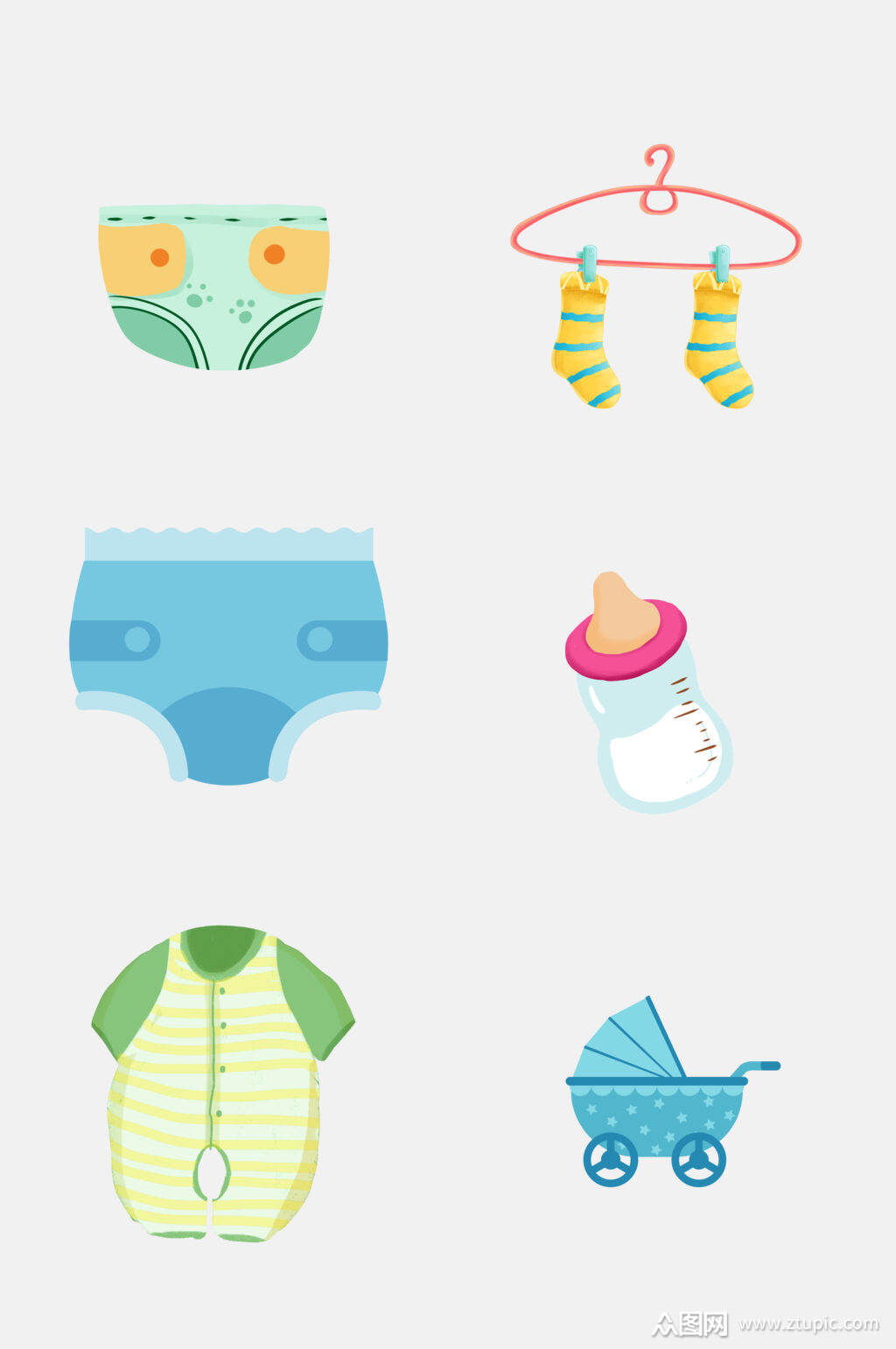 清新水彩卡通婴儿母婴节用品免抠元素