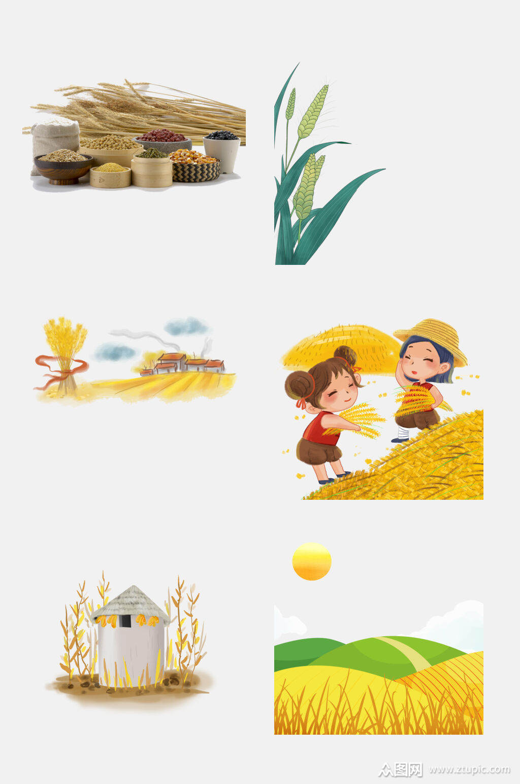 清新水彩金黄麦浪稻谷水稻免抠元素素材