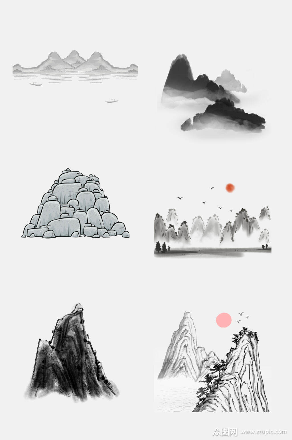 中国风水墨山水太阳免抠素材