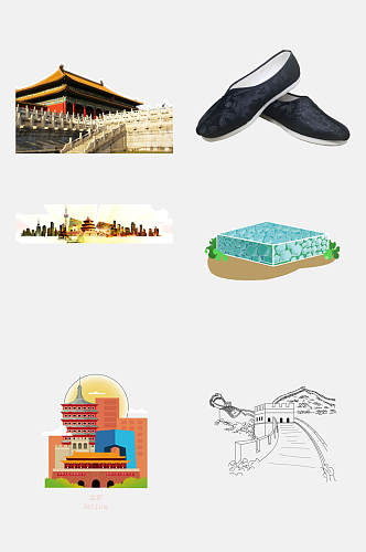 手绘北京旅游地标建筑美食免抠素材