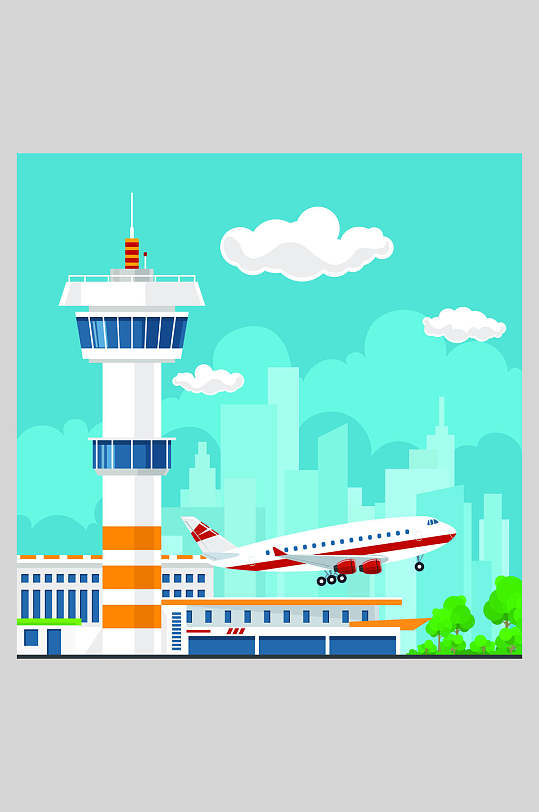 蓝绿色飞机机场插画素材-众图网