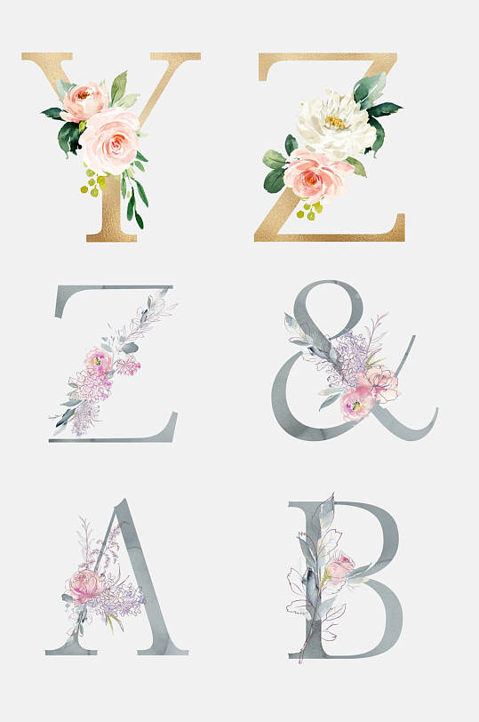 水彩花卉英文字母免抠元素
