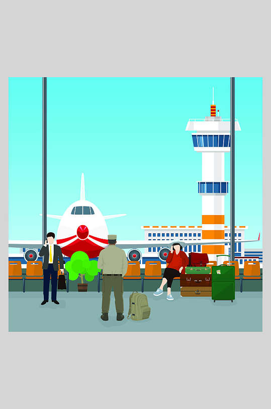 蓝绿色游客机场插画素材