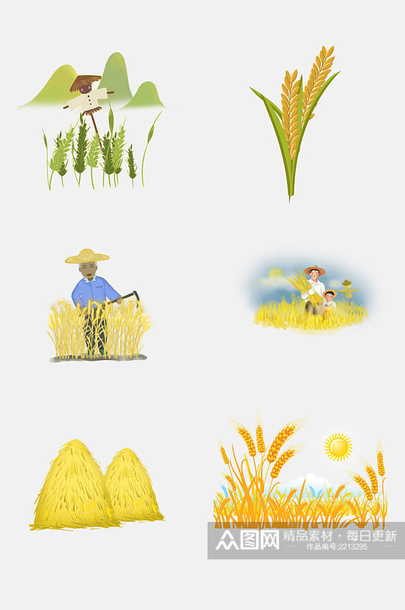 水彩丰收稻谷水稻免抠元素素材