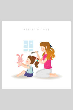 母女亲子互动插画素材