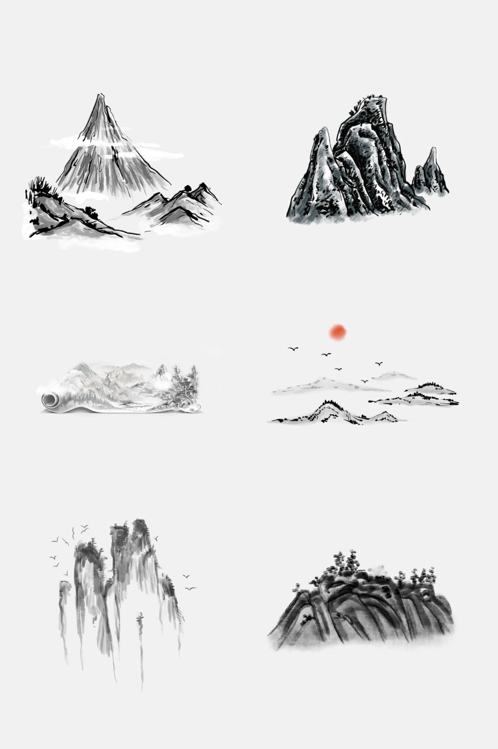 手绘中国风水墨山水免抠素材素材