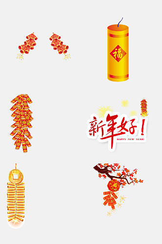 中国风红金新年春节鞭炮免抠元素
