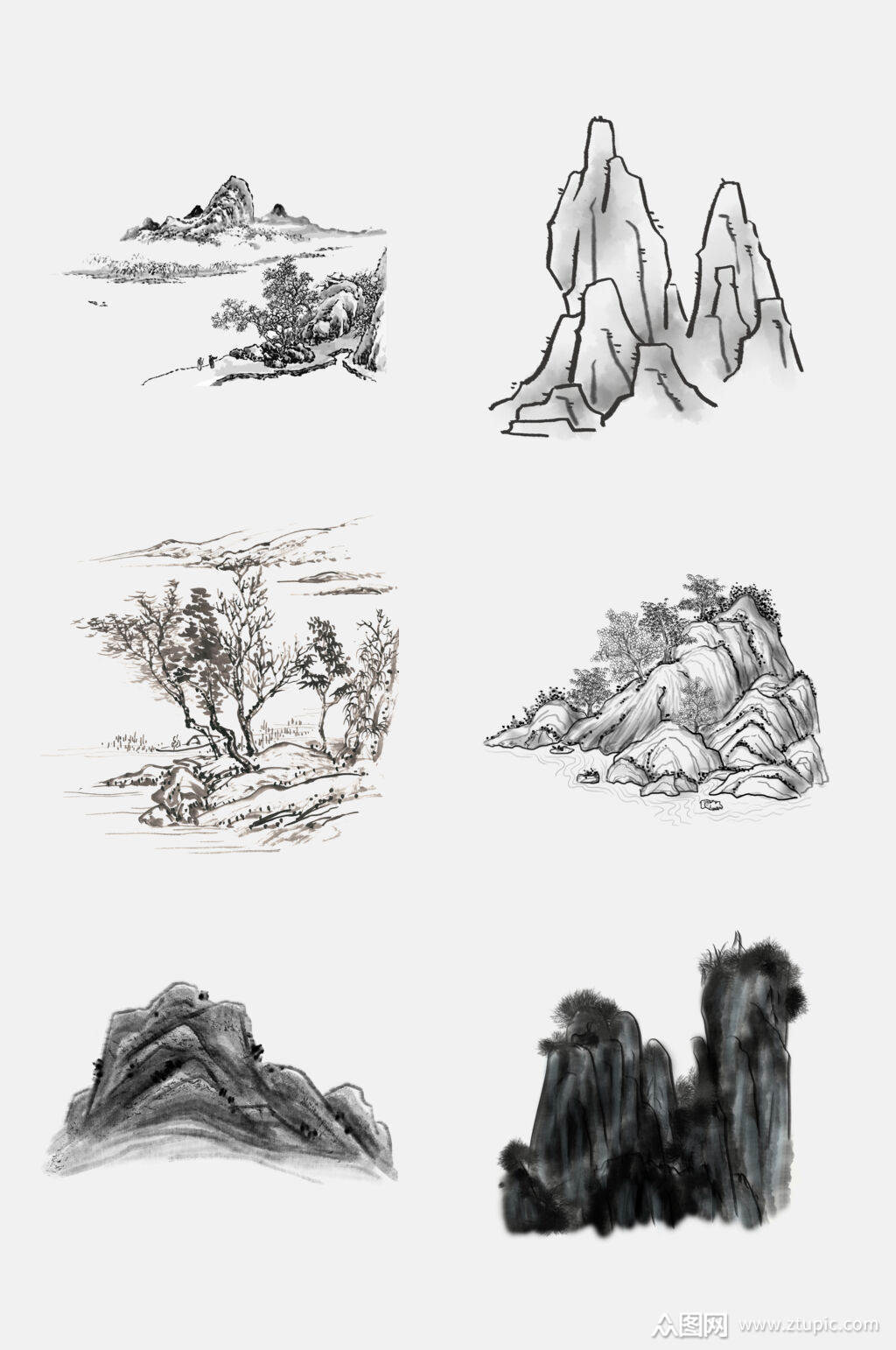 手绘大气中国风水墨山水免抠素材