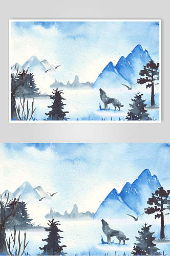 唯美水彩手绘冬季景观图片