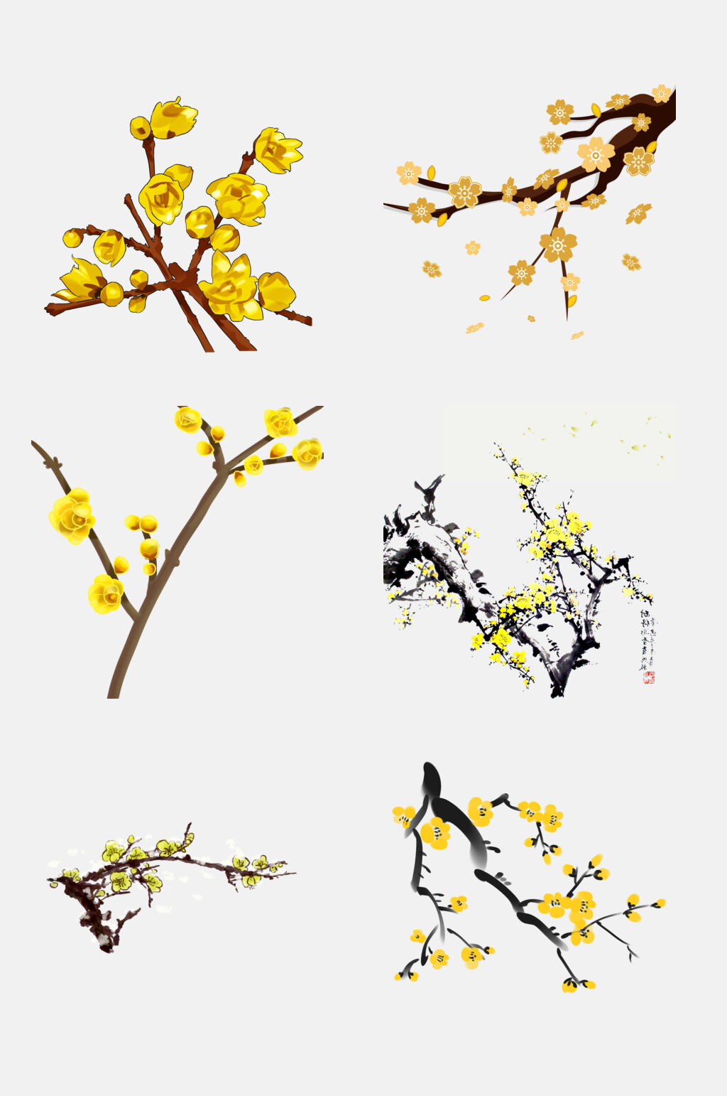 水墨黄色花卉梅花免扣素材素材