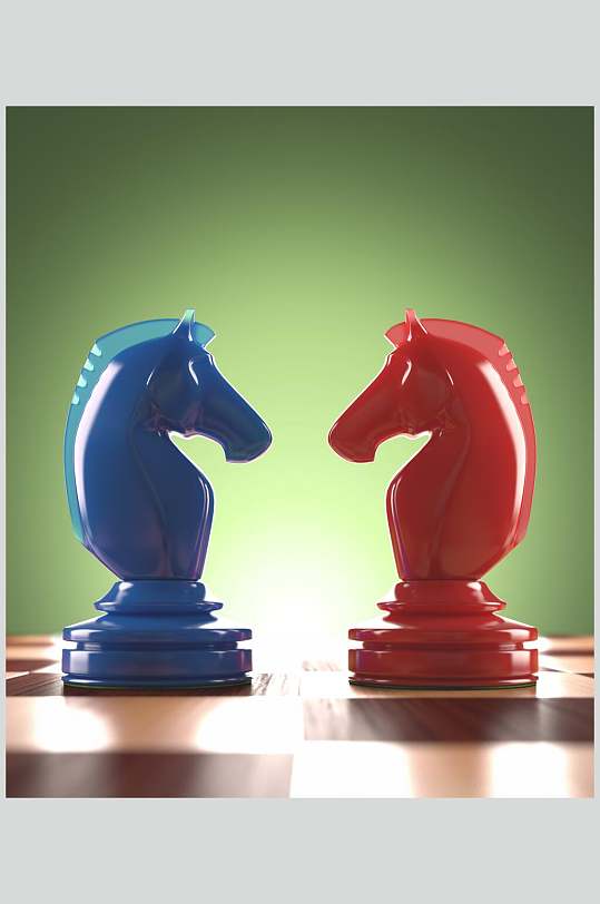 红蓝马头国际象棋棋盘棋局摄影图