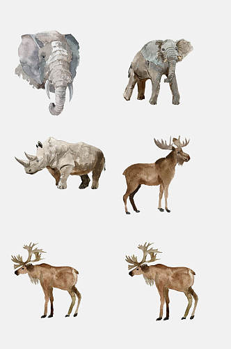 水彩手绘动物大象麋鹿犀牛免抠元素