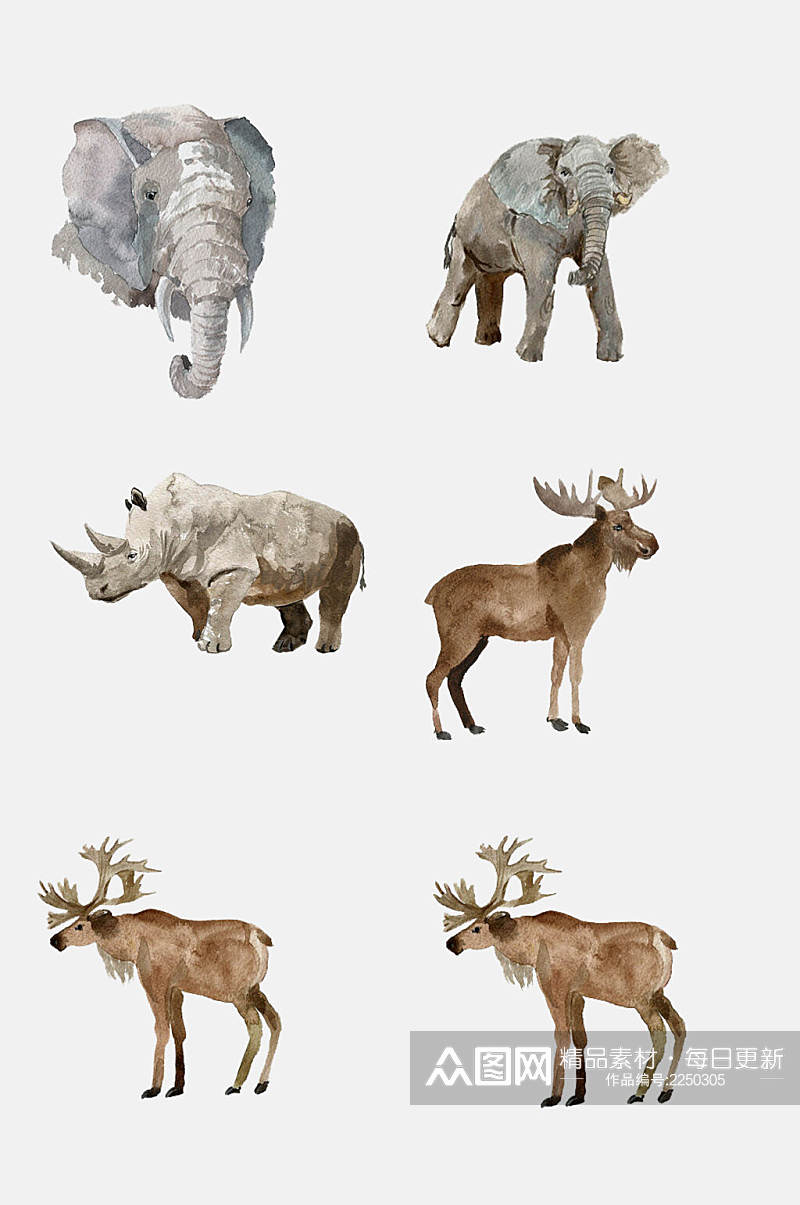 水彩手绘动物大象麋鹿犀牛免抠元素素材