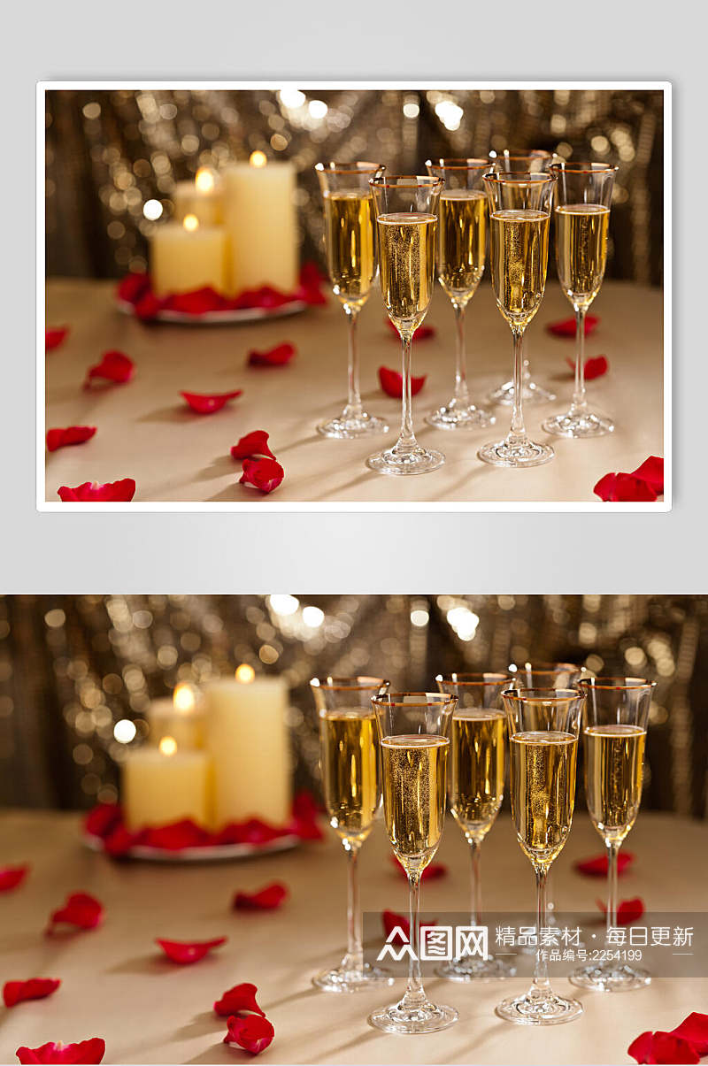玫瑰红瓣香槟高脚杯高清图片素材
