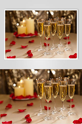 玫瑰红瓣香槟高脚杯高清图片
