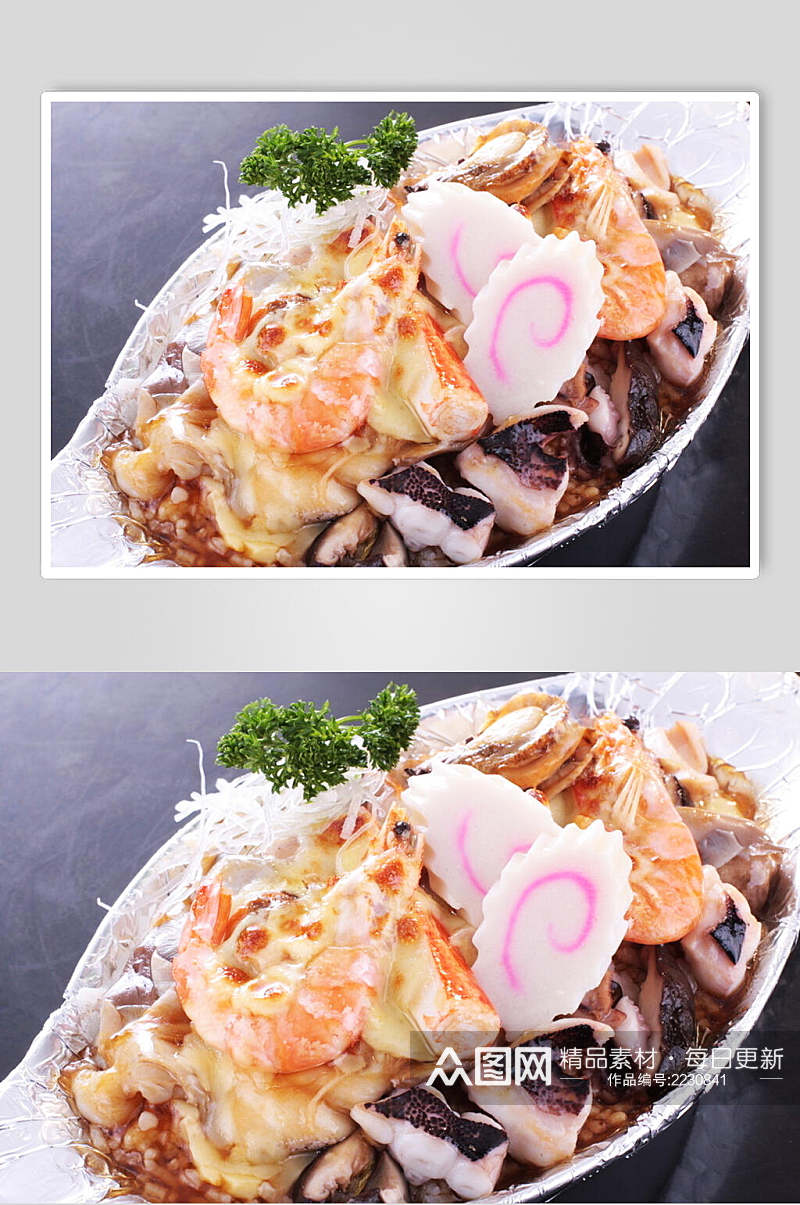 鲍汁野菌海鲜焗饭食物高清图片素材