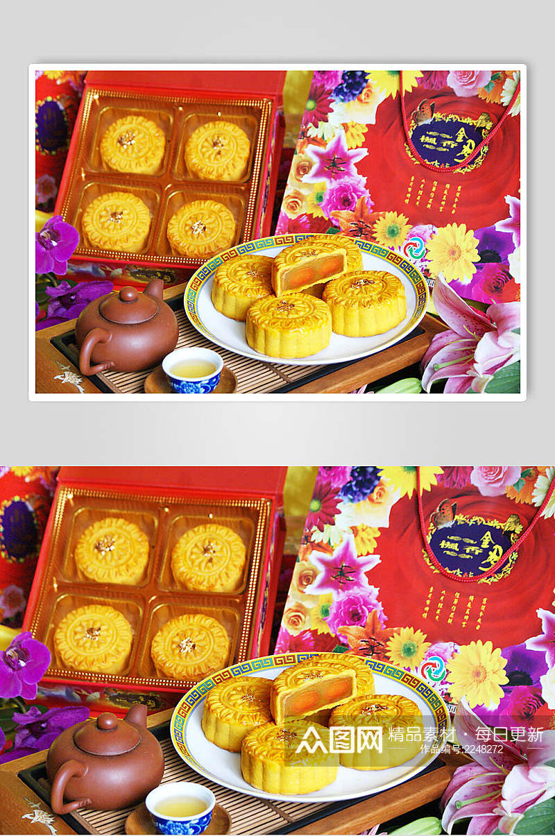精致美味双黄莲蓉月饼食品高清图片素材