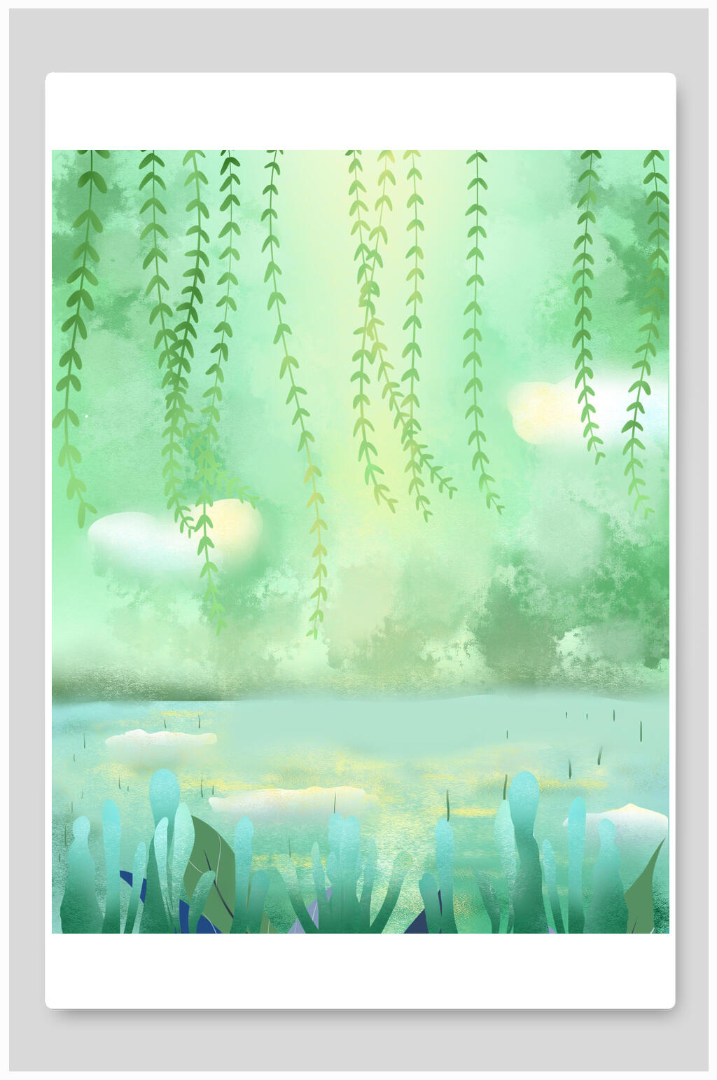 水彩柳树森林草地插画背景素材素材