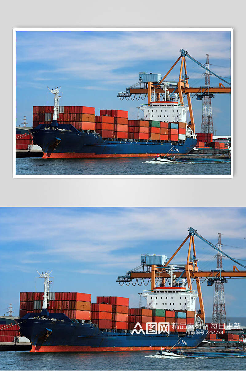 时尚蓝色轮船货轮船舶集装箱码头港口图片素材