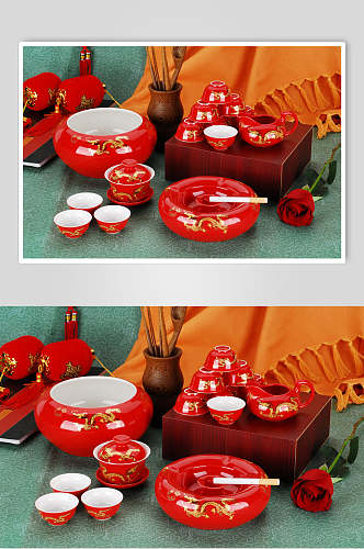 红色大气高档茶具图片