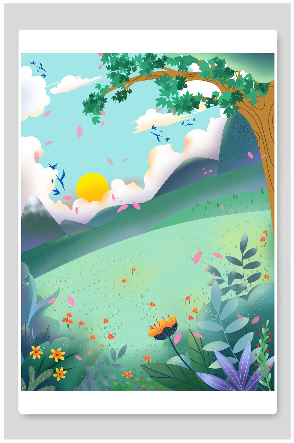 清新绿色植物森林草地插画背景素材