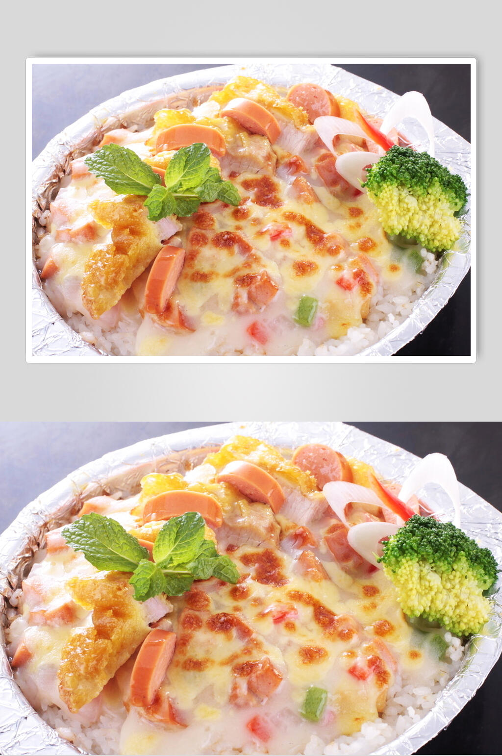 芝士焗阿拉斯加比目鱼香肠焗饭食物摄影图片素材