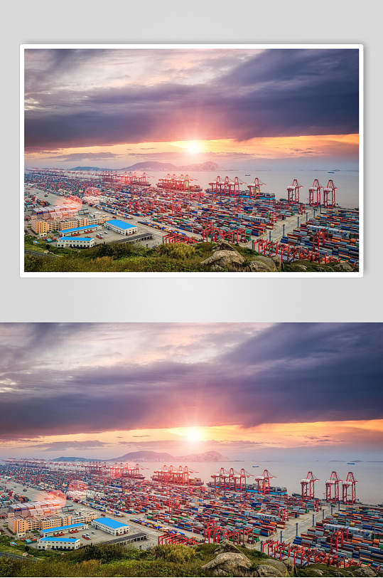 夕阳货轮船舶集装箱码头港口图片